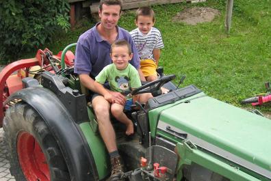 Driving the tractor through the orchards